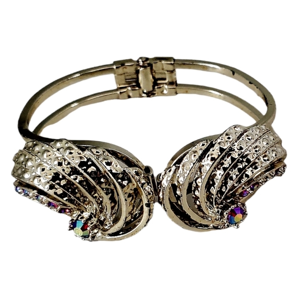 Vintage Silvertone Rhinestone Hinged Angel Wing Bangle Bracelet Costume Jewelry